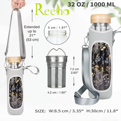 32oz Borosilicate Glass Water Bottle with Tea Infuser, Tea Tumbler with Strainer, Reusable Travel Mug with Sleeve & 2 Lids, Glass Drinking Bottle for Hot or Cold Drinks