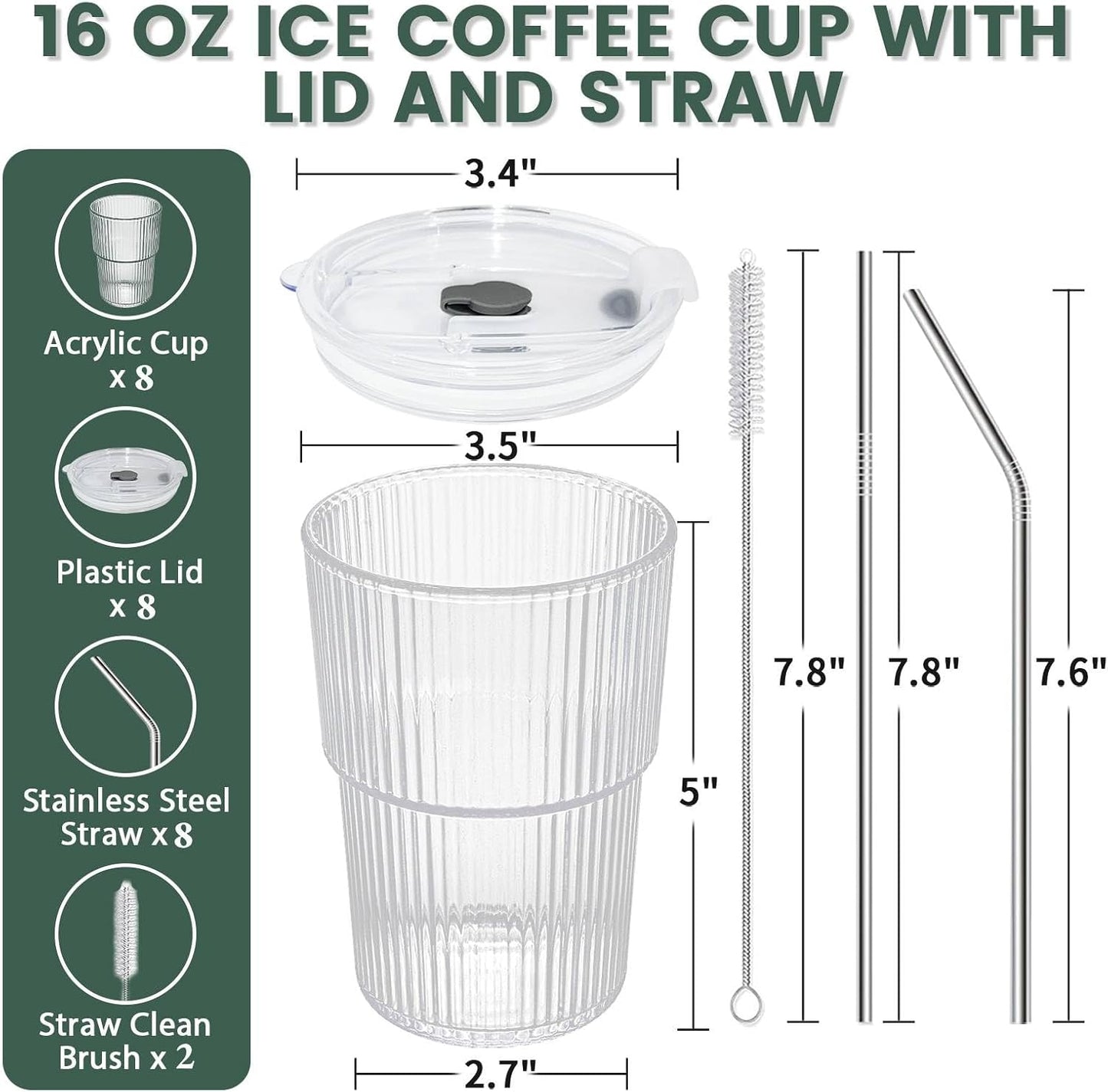 HIGIINC Iced Coffee Cups With Lids and Straws 4 Pcs, 16 OZ Unbreakable Glasses Drinking Set,Clear Plastic Cups Reusable Iced Coffee Tumbler with Lid and Straw, To Go Coffee Cups Dishwasher Safe