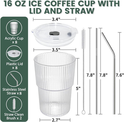 HIGIINC Iced Coffee Cups With Lids and Straws 4 Pcs, 16 OZ Unbreakable Glasses Drinking Set,Clear Plastic Cups Reusable Iced Coffee Tumbler with Lid and Straw, To Go Coffee Cups Dishwasher Safe