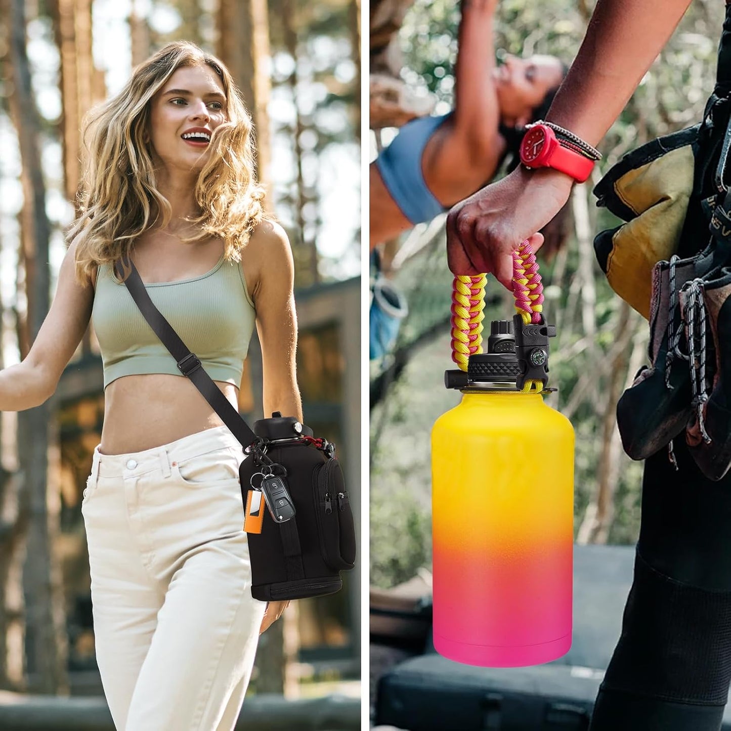 32/40/64OZ Insulated Water Bottle - Keep Cold 48H Hot 24H, Combo Straw/Spout Lids, Paracord Handle for Gym/Hiking, Carrier Bag +Strap, Cup Mat, BPA-Free Stainless Steel Flask Jug