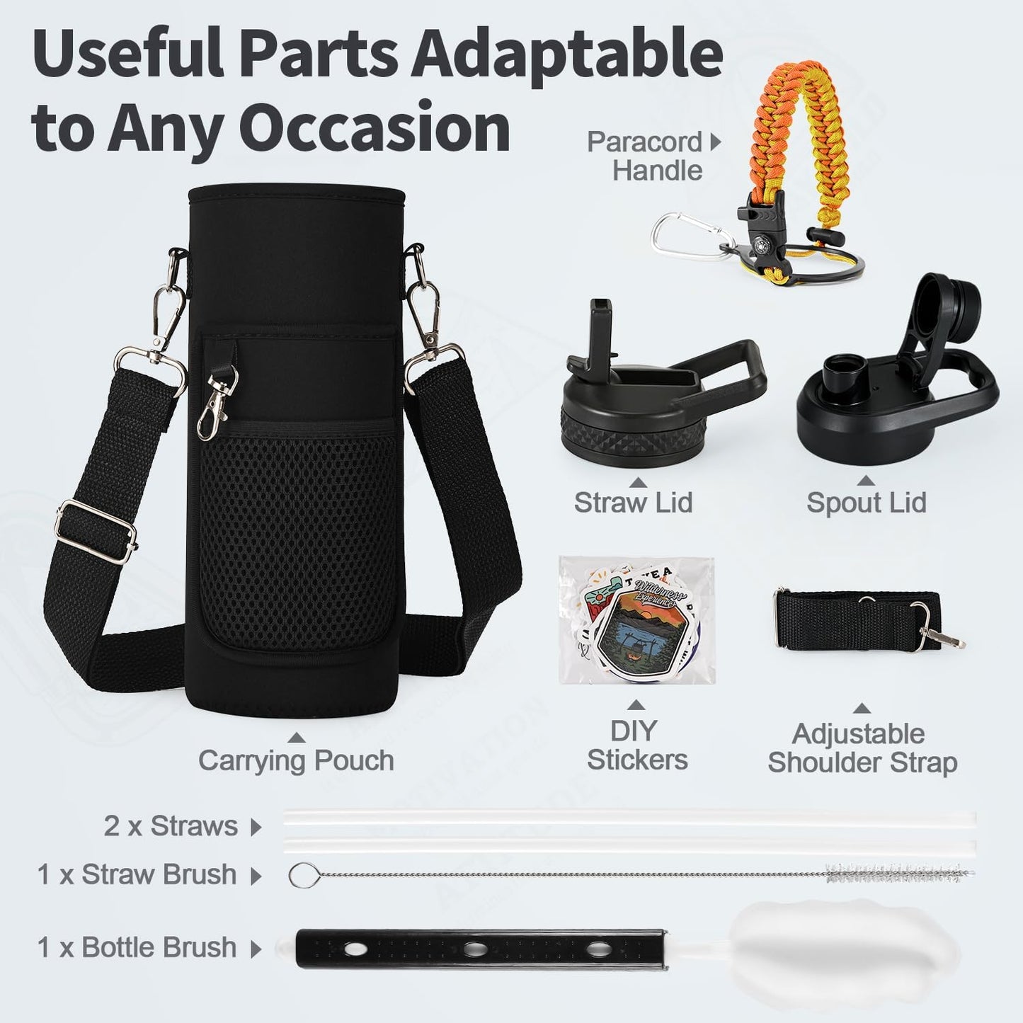WixByti 40 oz Insulated Water Bottle with Straw (Cold for 36 Hrs), Stainless Steel Triple Wall Vacuum Sports Water Jug, Leakproof Hydro Cup Flask with Paracord Handle & Straw Spout Lids & DIY Stickers
