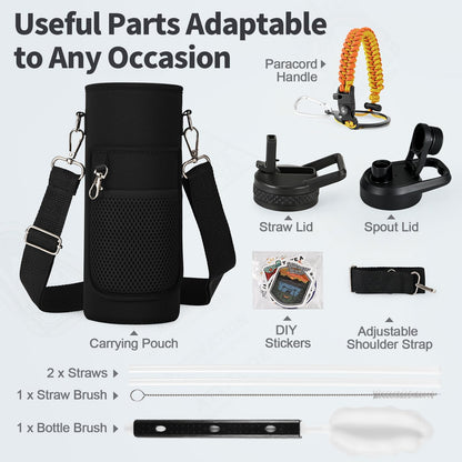 WixByti 40 oz Insulated Water Bottle with Straw (Cold for 36 Hrs), Stainless Steel Triple Wall Vacuum Sports Water Jug, Leakproof Hydro Cup Flask with Paracord Handle & Straw Spout Lids & DIY Stickers