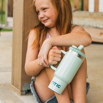RTIC Little Road Trip Tumbler 16oz for Kids with Straw Lid and Handle, Ceramic Lined, Insulated Stainless Steel Travel Water Mug Cup, Leak-Proof, RTIC Ice Glitter