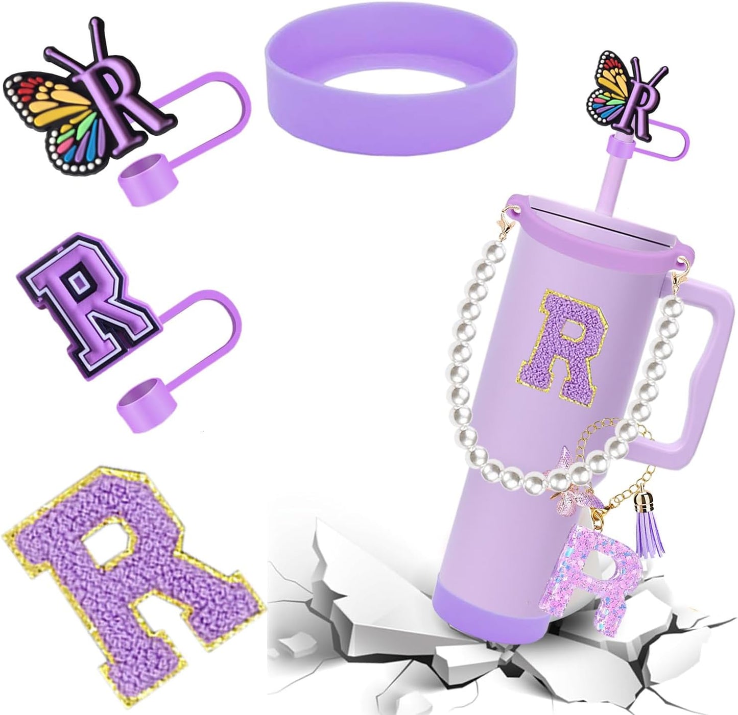 7pcs Cup Accessories for Stanley 30/40oz Tumbler, Handle Strap, Straw Cover, Silicone Boot, Letter Charm Stickers