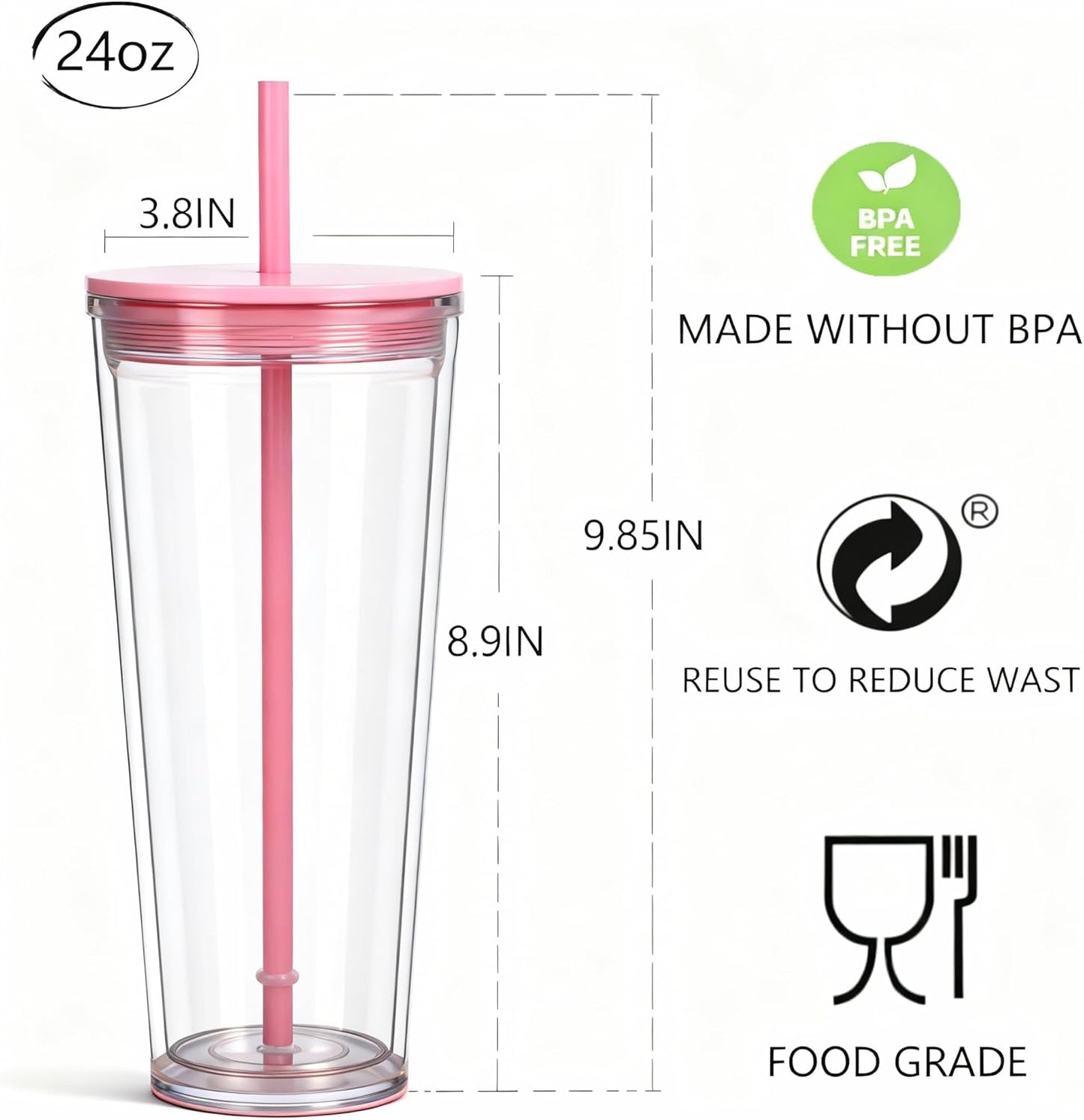 24oz Tumbler with Lid and Straw, Leak Proof and Double Wall Insulated Reusable Plastic Cups,Travel Reusable Iced Coffee Cup (1, Pink)