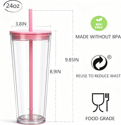 24oz Tumbler with Lid and Straw, Leak Proof and Double Wall Insulated Reusable Plastic Cups,Travel Reusable Iced Coffee Cup (1, Pink)