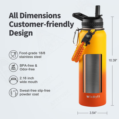 WixByti 40 oz Insulated Water Bottle with Straw (Cold for 36 Hrs), Stainless Steel Triple Wall Vacuum Sports Water Jug, Leakproof Hydro Cup Flask with Paracord Handle & Straw Spout Lids & DIY Stickers