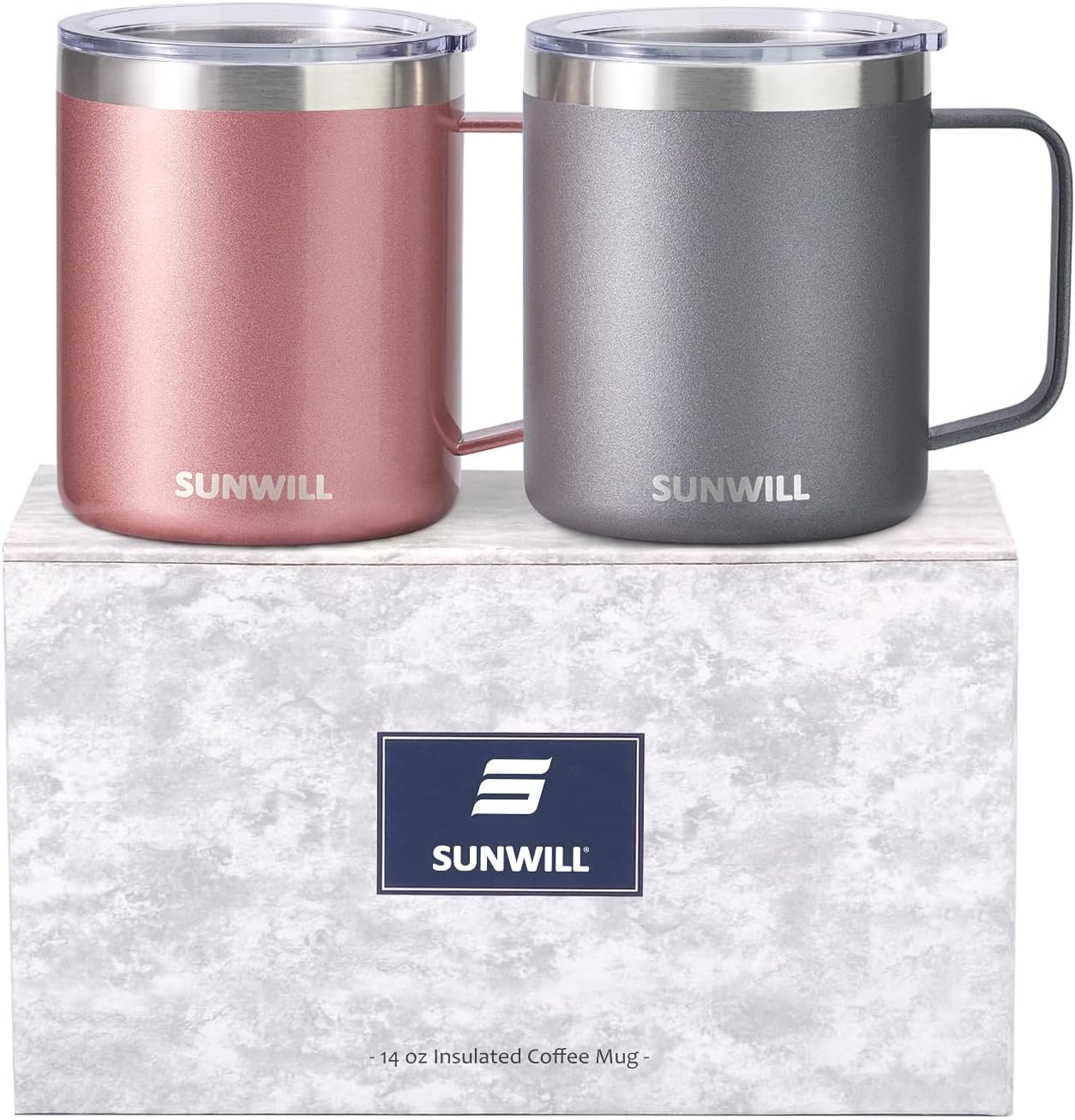 SUNWILL Travel Coffee Mug with Lid, Insulated Tumbler with Handle, 14 oz Stainless Steel Cup for Ice, Water, Tea, Rose Gold