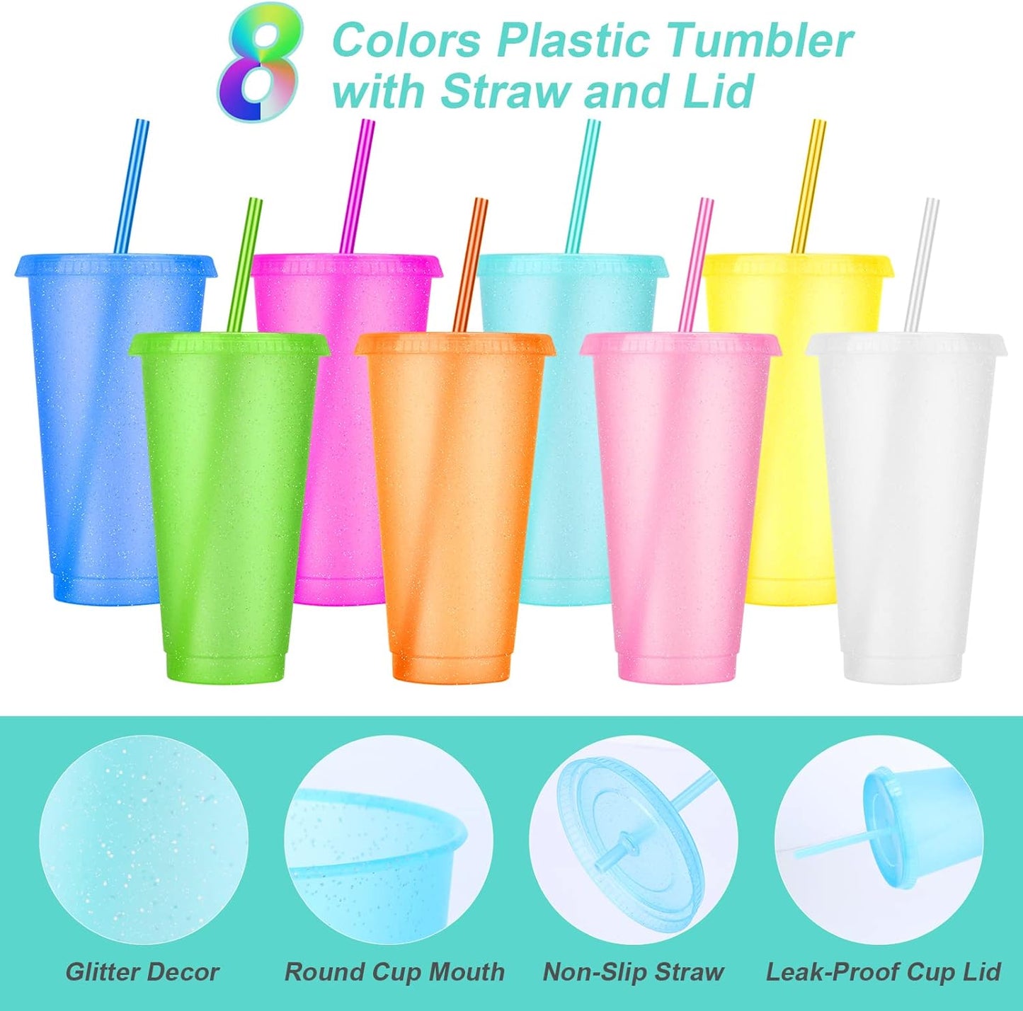 24 Pack Plastic Tumblers with Lids and Straw, Reusable Cups with Lids and Straws Colorful Cups for Cold Drink Iced Coffee, Plastic Tumbler Bulk for Party Birthday Gifts (24 oz, Stylish Colors)