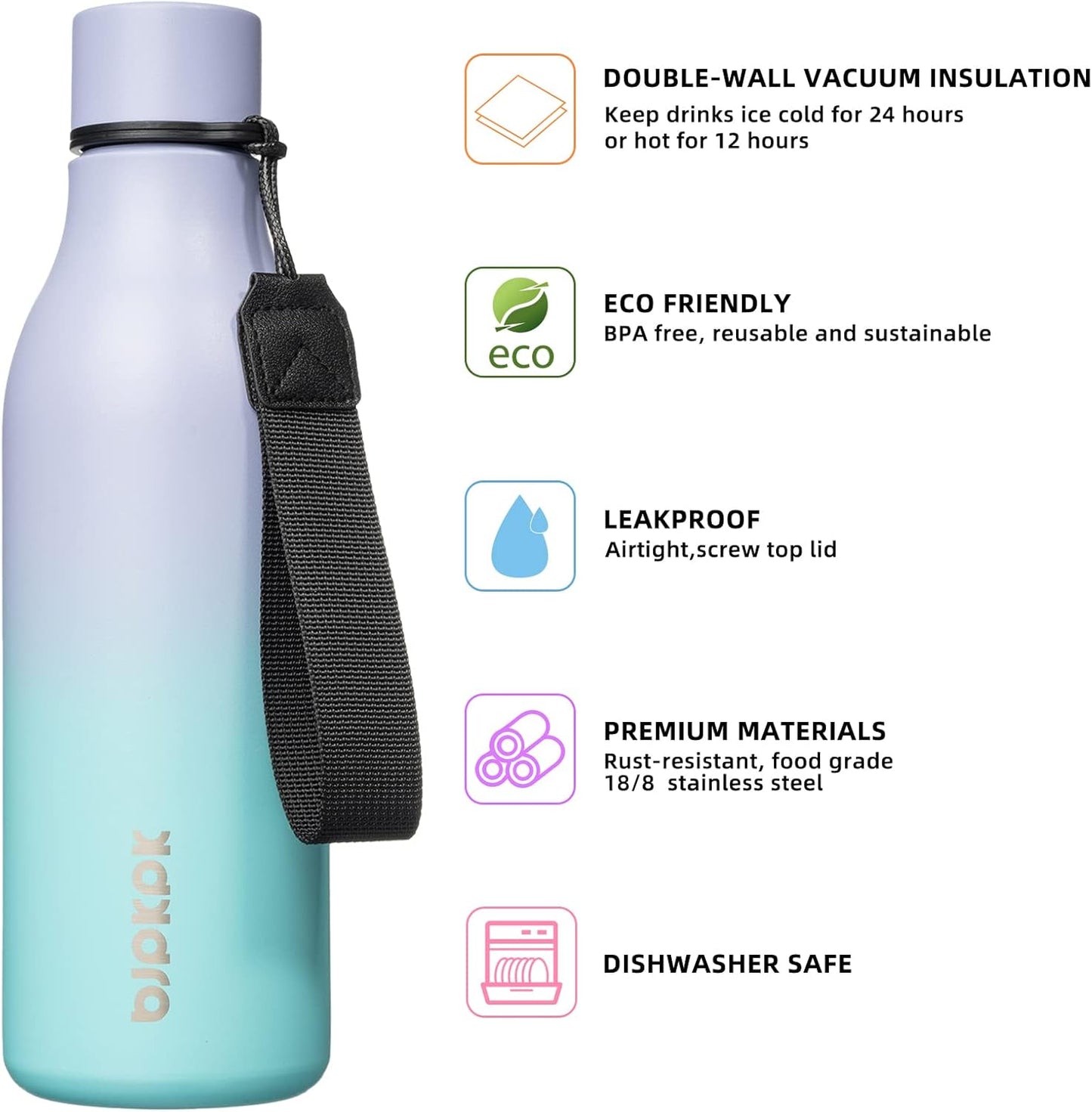 BJPKPK Insulated Water Bottles, 18 oz Stainless Steel Metal Water Bottle with Strap, BPA Free Leak Proof Jugs, Mugs, Flasks, Reusable Thermal Flasks for Sports & Travel, Black - Colors B