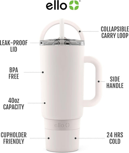 Ello Port 40oz Tumbler with Carry Loop & Integrated Handle, Vacuum Insulated Stainless Steel Reusable Water Bottle, Travel Mug with Leak Proof Lid & Straw, Perfect for Iced Coffee & Tea, White