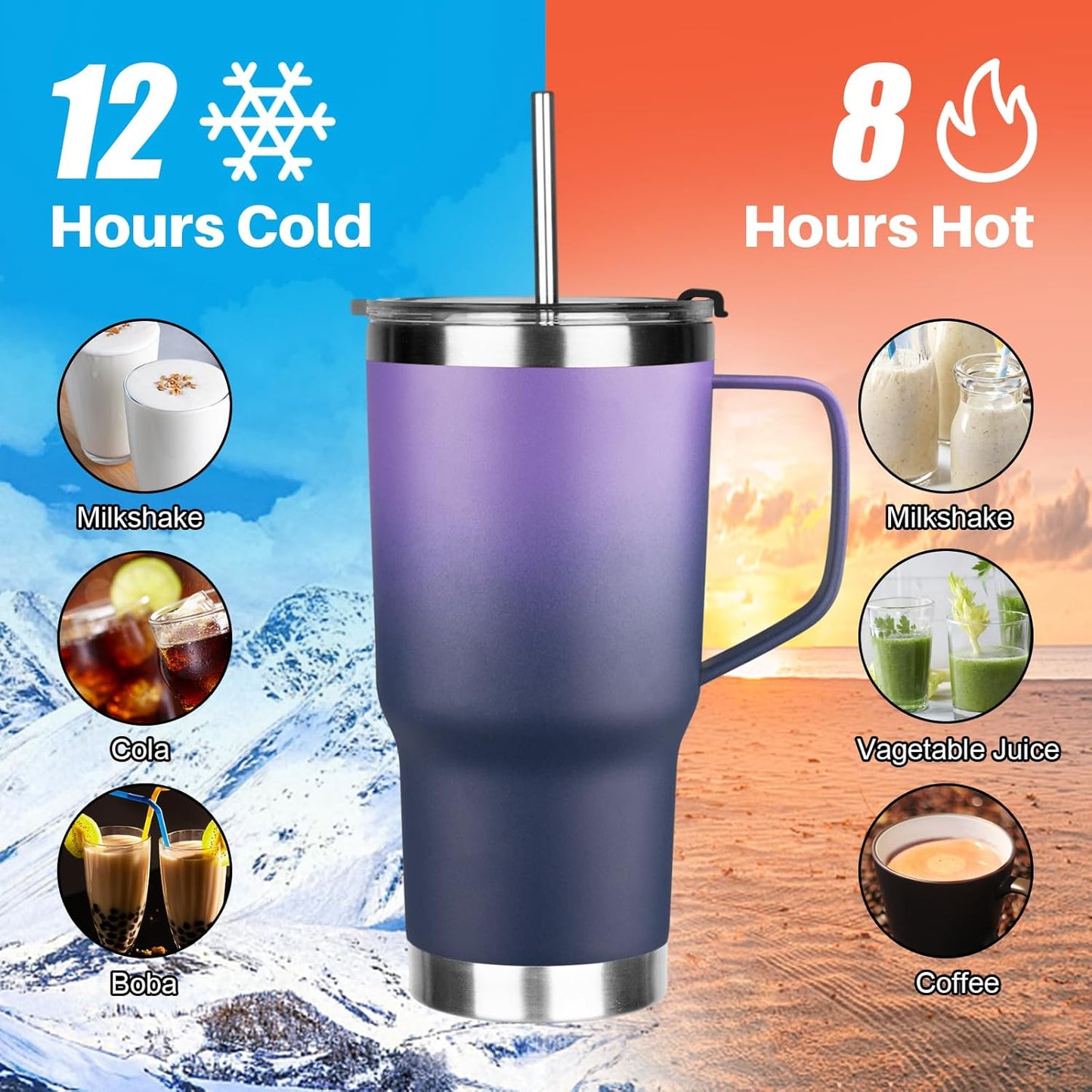 20 oz Tumbler with Handle, Stainless Steel Insulated Tumbler with Lid and Straw, Double Wall Vacuum Coffee Mug Tumbler, Insulated Coffee Thermal Cup for Cold and Hot (Light Purple)