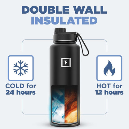 IRON °FLASK Camping & Hiking Hydration Flask with Straw, Wide Mouth Insulated Stainless Steel Sports Water Bottle - 40 oz Midnight Black