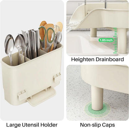 SAYZH Dish Drying Rack - Expandable Dish Rack for Kitchen Counter, Rust-Resistant Dish Drainer with Utensil Holder and Raised Guardrail, Kitchen Organizer for Cup and Bottle (Black)