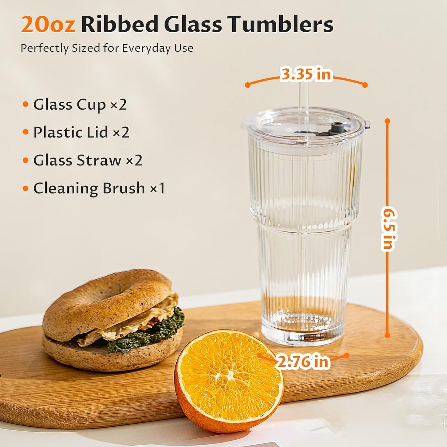 Glass Cups with Lids and Straws 4 Pack, 20oz Ribbed Glass Cups, Leak Resistant Iced Coffee Tumblers, Thick Reusable Drinking Glasses, Fits Car Cup Holder, Clear Coffee Bar Accessories