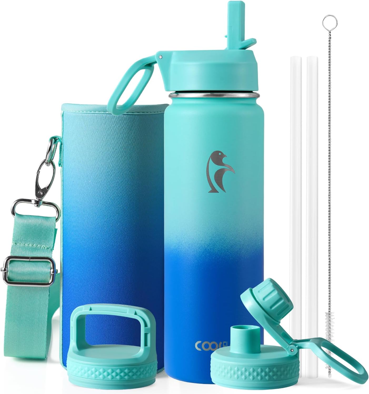 Half Gallon Water Bottle Insulated with Straw & 3 Lids, Coolflask 64 oz Water Jug Large Metal Stainless Steel Wide Mouth for Sports, Gym or Office, Non-BPA Keep Cold 48H Hot 24H, Samurai Cyan