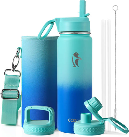 Half Gallon Water Bottle Insulated with Straw & 3 Lids, Coolflask 64 oz Water Jug Large Metal Stainless Steel Wide Mouth for Sports, Gym or Office, Non-BPA Keep Cold 48H Hot 24H, Samurai Cyan