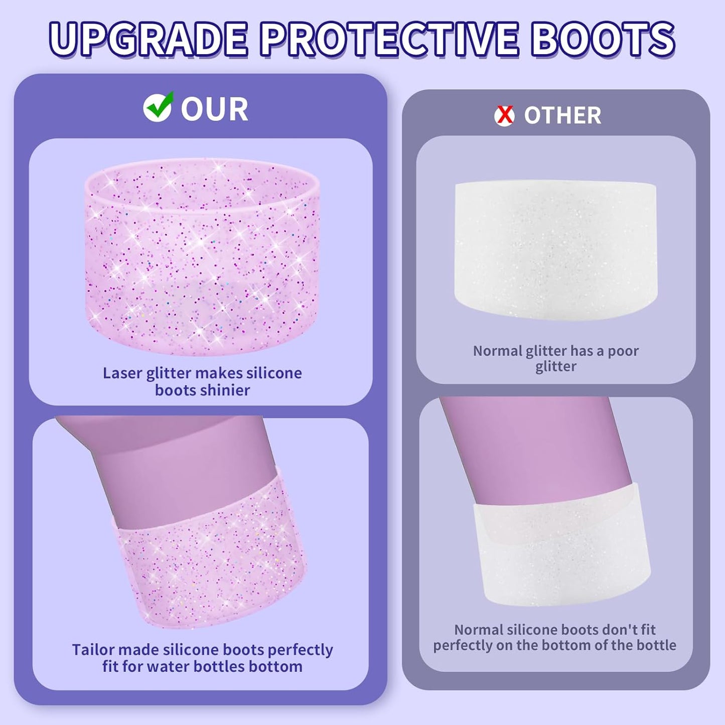 WUQID Protective Bling Silicone Boot Sleeve, Compatible with Stanley Tumbler 20-40oz & Hydro Flask Bottle 12oz-24oz, Glitter Reduces Dents Sleeve Cover for More Bottles/Tumblers Bottom of 2.83-2.95in