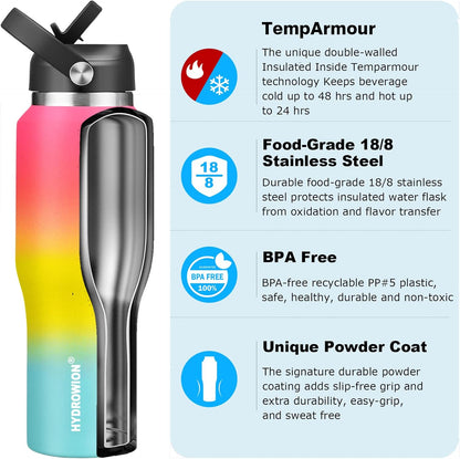 HYDROWION 32oz Stainless Steel Water Bottle(Cold for 48 Hrs, Hot for 24 Hrs),Double Wall Vacuum Insulated Water Bottle with Straw Lid, Spout Lid and Flex Cap, Fit in Any Car Cup Holder,Black