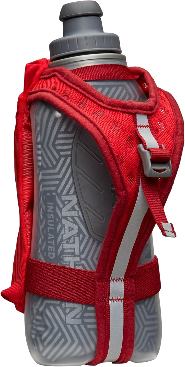 Nathan SpeedDraw 2 Insulated Handheld Running Water Bottle Flask 18oz – Double-Wall Insulation, Ergonomic Grip, Blast Valve Cap, Phone & Key Storage Pockets, Reflective Design