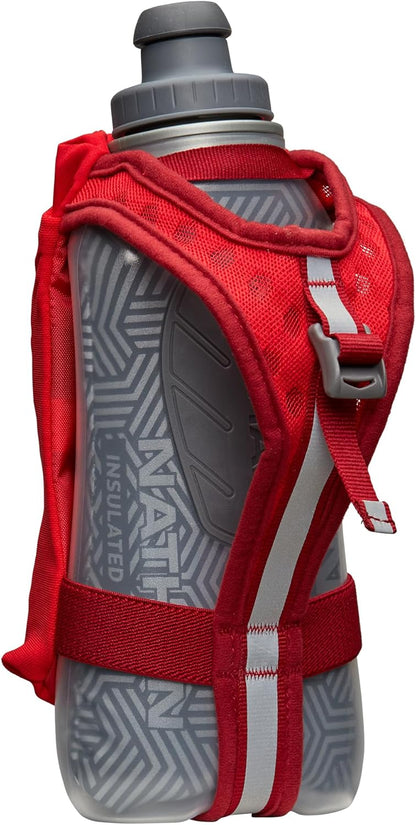 Nathan SpeedDraw 2 Insulated Handheld Running Water Bottle Flask 18oz – Double-Wall Insulation, Ergonomic Grip, Blast Valve Cap, Phone & Key Storage Pockets, Reflective Design