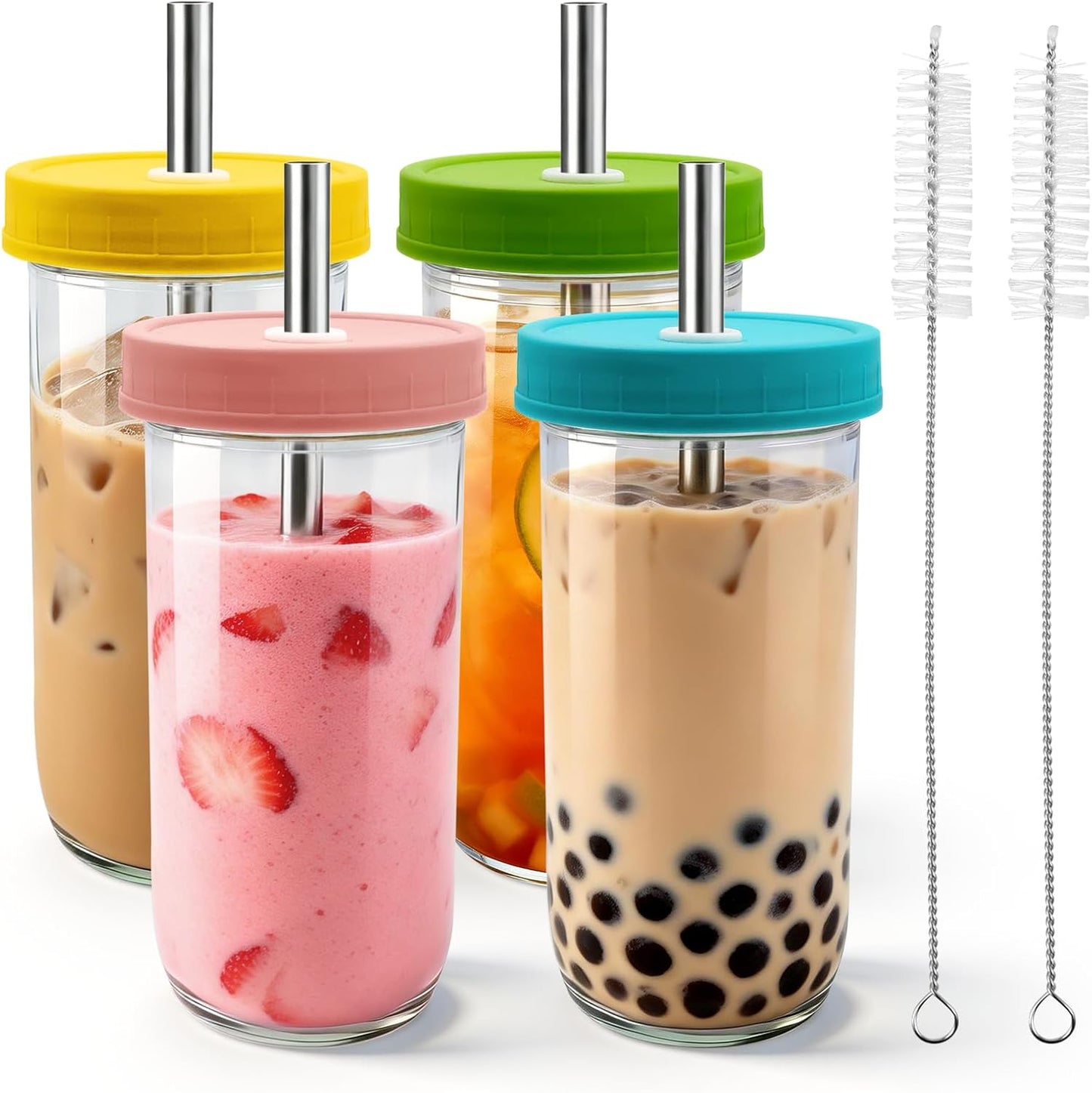 4 Pack Reusable Boba Cup 22OZ Wide Mouth Mason Jar Glass Cup - Iced Coffee & Smoothie Cups with Lids and Straws for Drinking Liquid, Milkshake, Boba & Matcha Tea