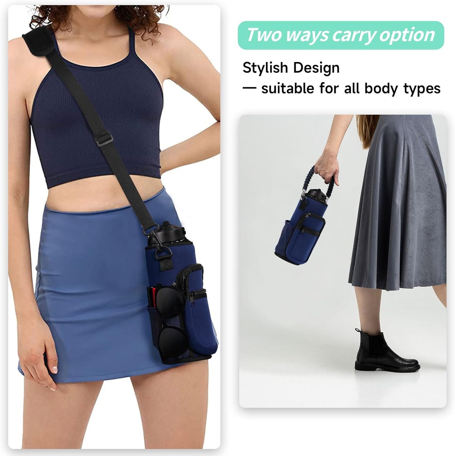 AceTreker 32/40/64/87/128 oz Water Bottle Carrier Bag, Neoprene Water Bottle Sleeve with 4 Pocket, Sport Water Holder with Paracord Handle and Shoulder Strap for Walking Hiking Camping Gym