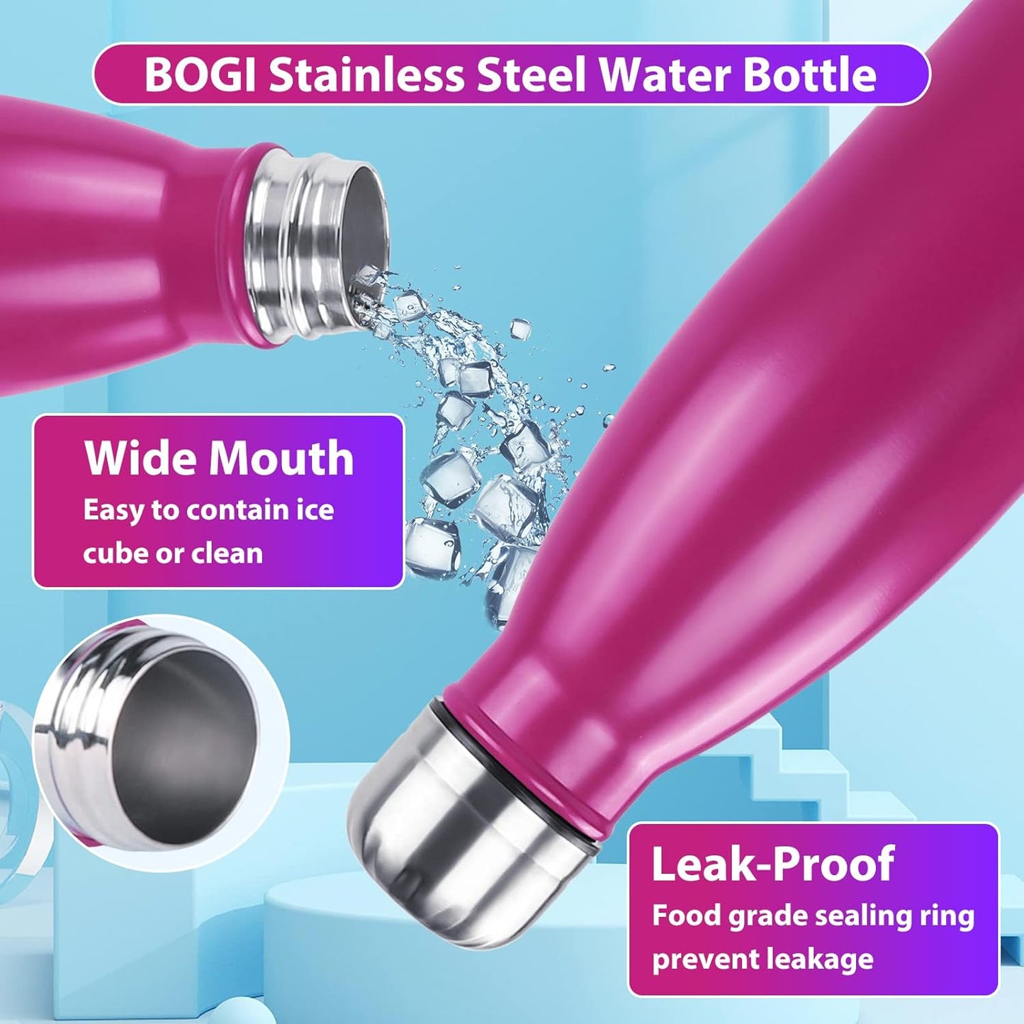BOGI 17oz Insulated Water Bottle Double Wall Vacuum Stainless Steel Water Bottles, Leak Proof Metal Sports Water Bottle Keeps Drink Hot and Cold - Perfect for Outdoor Sports Camping Biking (Purple)