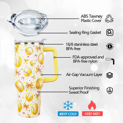 Ceovfoi 40 oz Pickleball Coffee Mug Vacuum Insulated Travel Tumbler with Handle, Lid & Straw - Perfect Pickleball Gifts for Players, Coaches, Lovers | Pickleball Accessories