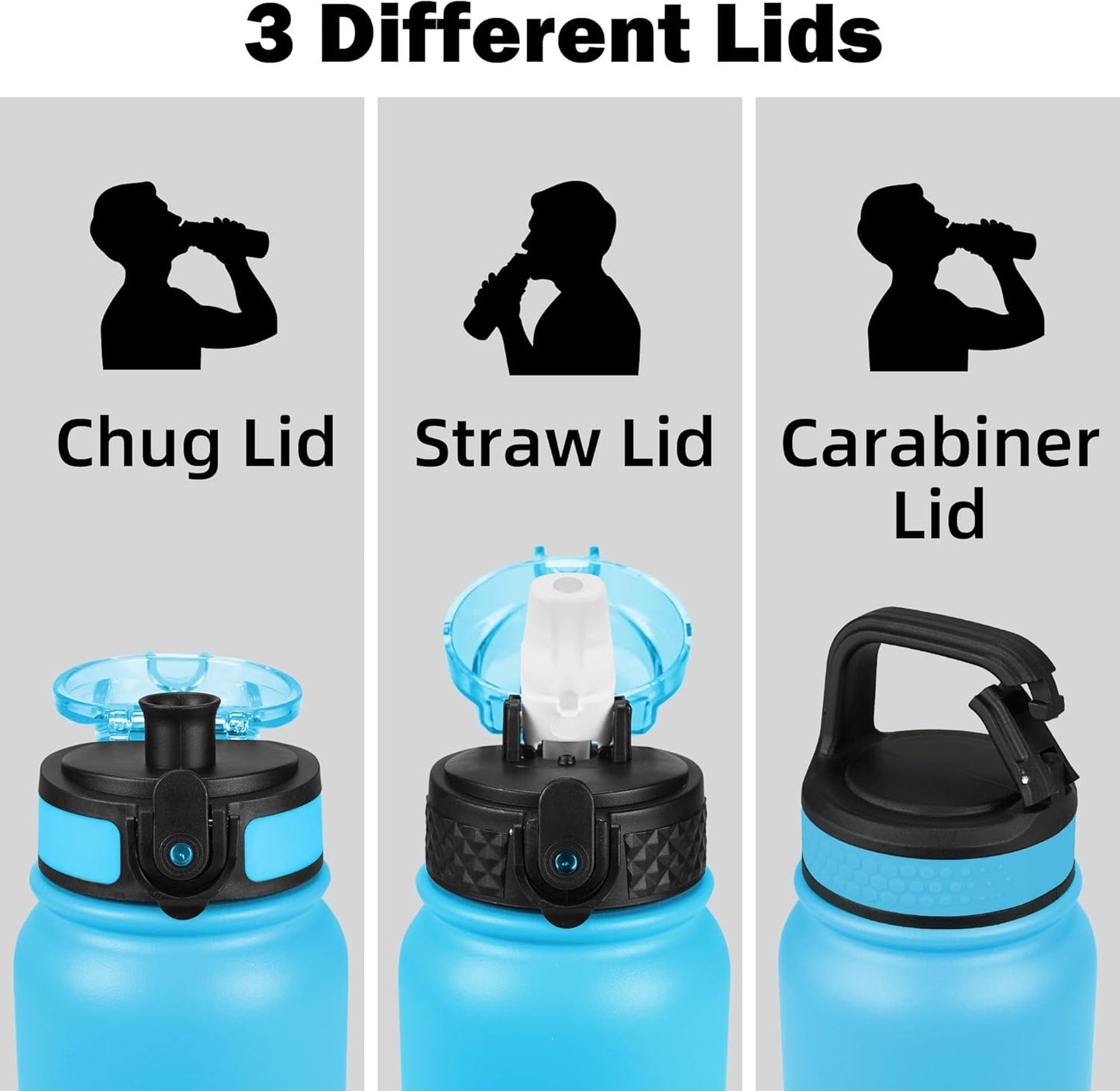 Oldley Insulated Water Bottle 20oz for Adults Kids Stainless Steel Water Bottles with Straw/Chug/Carabiner 3 Lids Fruit Strainer Double Wall Vacuum Wide Mouth BPA Free Leak-Proof for School Travel