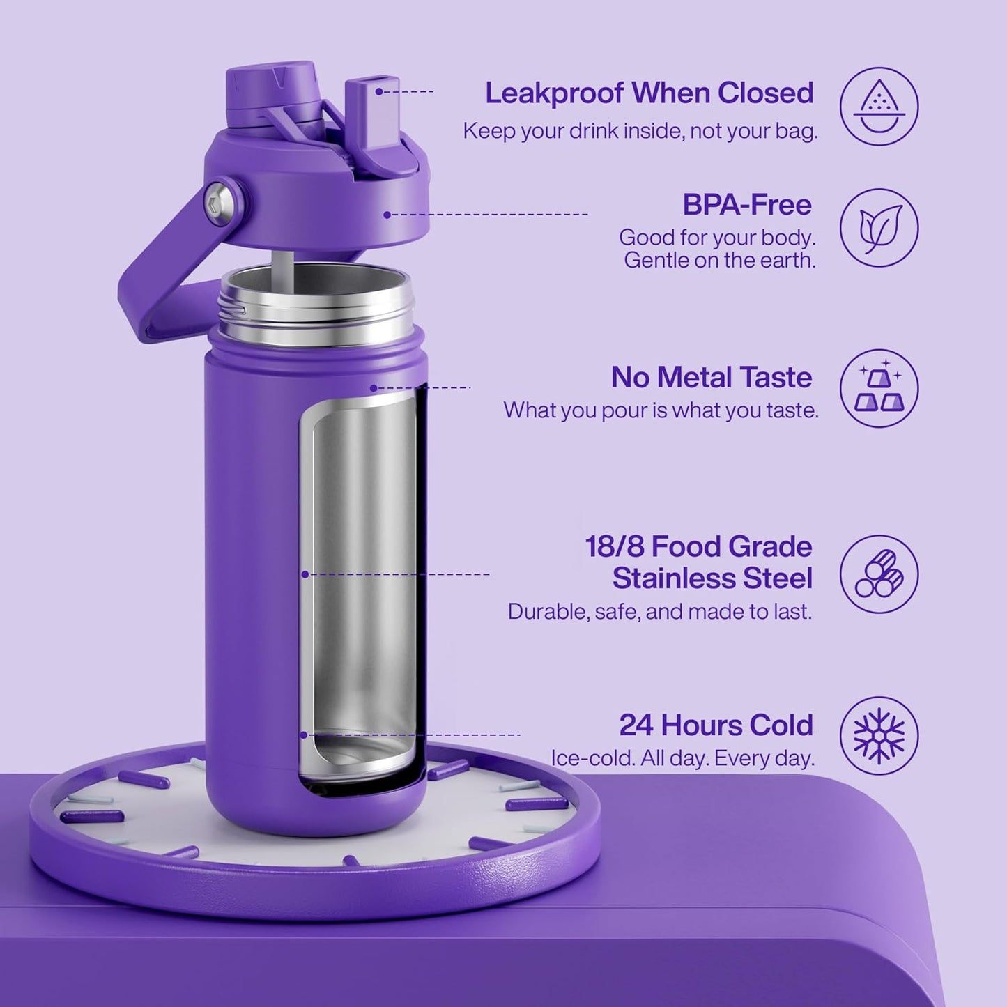 ENCOOL Insulated Water Bottle with Straw Stainless Steel Water Bottle, Leak-Proof, BPA-Free, Double Wall Vacuum Keeps Cold for 24 Hours for Sports, Travel, School (26 oz, Cotton Candy) - Colors A