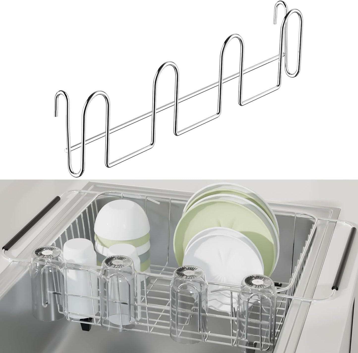12 Inch Stainless Steel Cup Drying Rack with 4 Hooks, Kitchen Mug Holder Organizer for Glasses, Baby Bottles, Travel Mugs, Dishwasher Safe Kitchen Drainage Basket