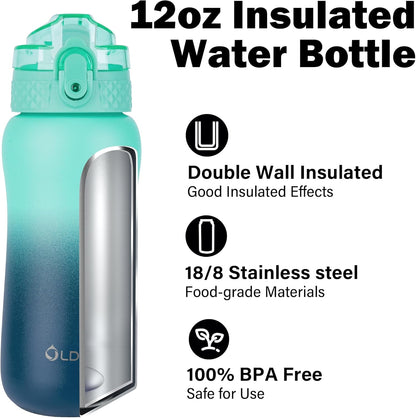 Oldley Insulated Water Bottle 20oz for Adults Kids Stainless Steel Water Bottles with Straw/Chug/Carabiner 3 Lids Fruit Strainer Double Wall Vacuum Wide Mouth BPA Free Leak-Proof for School Travel