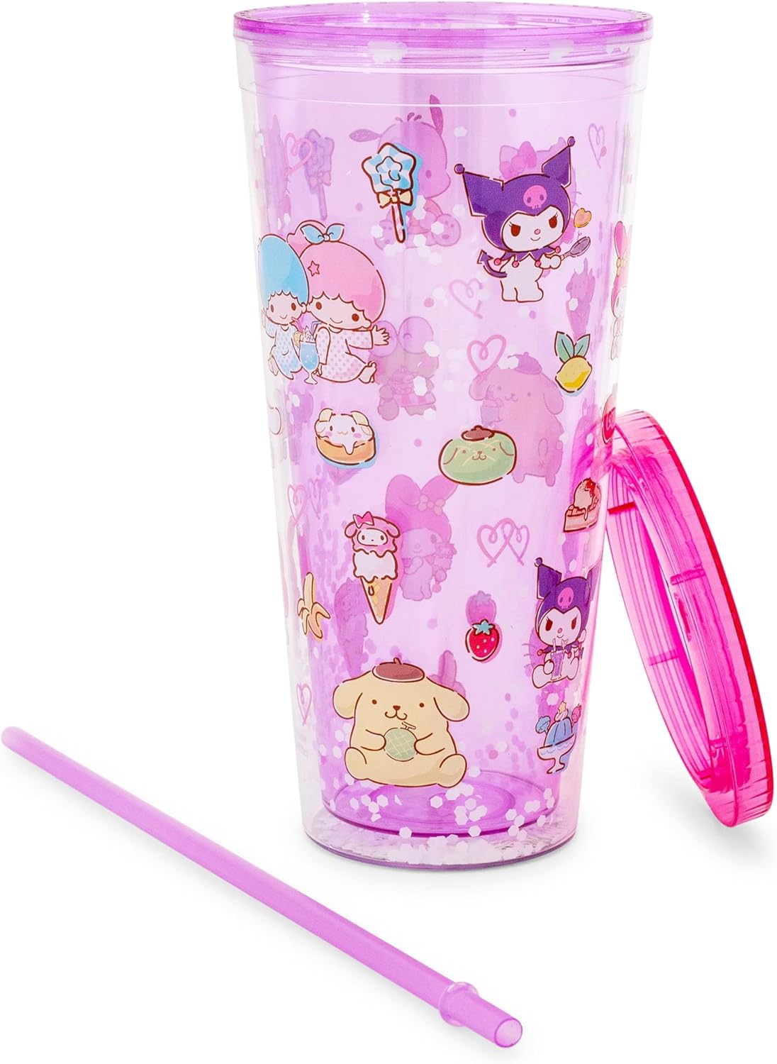 Silver Buffalo Sanrio Hello Kitty and Friends Plastic Boba Tumbler with Lid and Straw Featuring Hello Kitty, Cinnamorroll, Kuromi, My Melody, Badtz Maru, Keroppi, Chococat, and Pompompurin, 24 Ounces