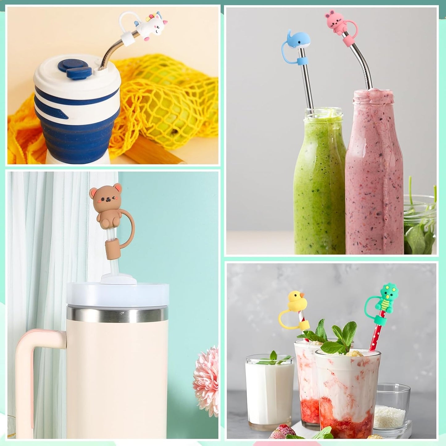 8 Pcs Animal Straw Cover Cap, Silicone Straw Topper for Stanley 30&40 Oz Tumbler Cute Straws Cap in Various Shapes, Straws Covers for 0.4 Inch/10 mm Tips Gifts for Women Girls Teens