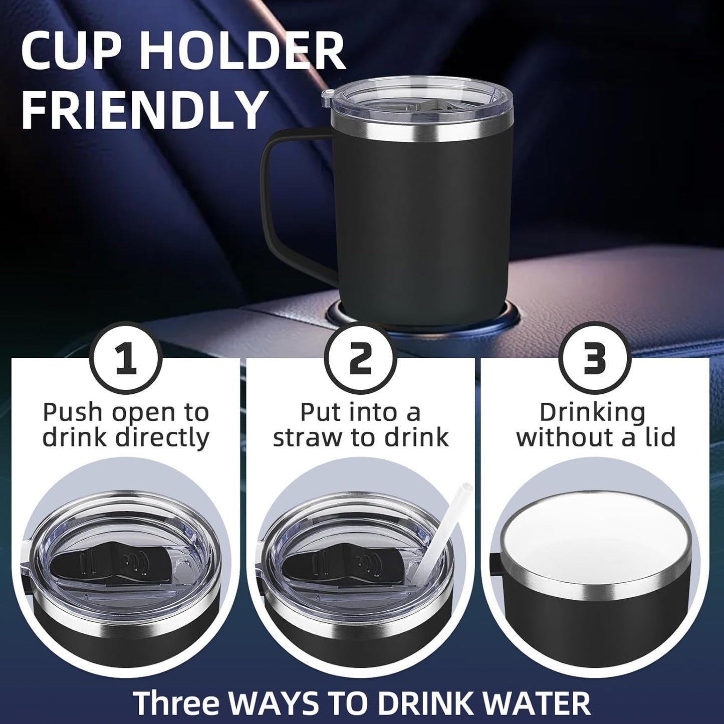 20 oz Insulated Coffee Mug with Ceramic Coating, Stainless Steel Travel Mug Tumbler with Handle Lid and Straw, Double Wall Leak-Proof Coffee Travel Mug Keeps Drink Hot and Cold (Black)
