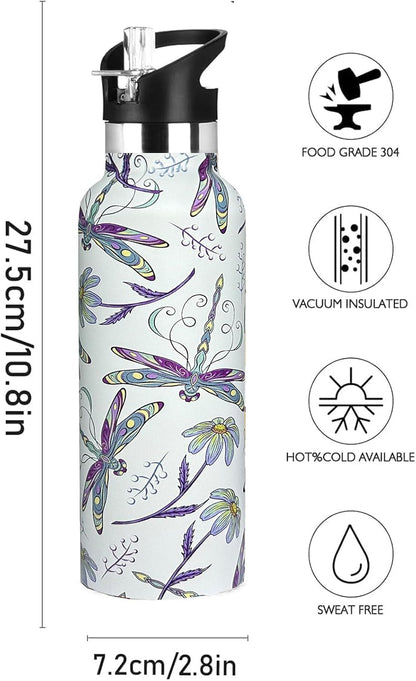 Pickleball Sport Water Bottle with Straw, Vacuum Insulated Stainless Steel Thermal Drinking Travel Mug Cups For Gym Fitness Camping-20oz/600ml