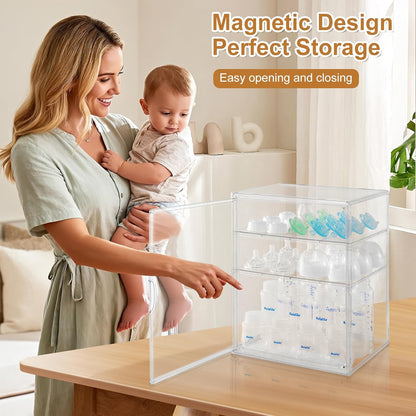 ERTIUANIO Baby Bottle Organizer – 3 Tier Bottle Storage Organizer Baby for Nipples, Pump Parts, Food Jars – Clear Acrylic Bottle Station Organizer for Countertop and Kitchen, Gifts for New Mom