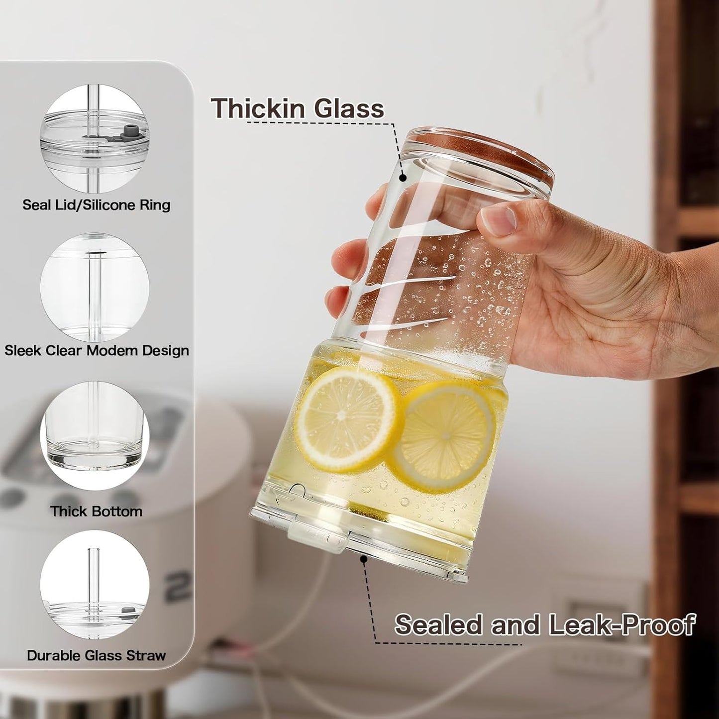 Clear Iced Coffee Cups with Lids - 4 Pack, 20oz Reusable Glass Cups with Lids and Straws, Drinking Tumblers for Cocktail Beer, Juice, Smoothie, Coffee Bar, Housewarming Gifts - Dishwasher Safe