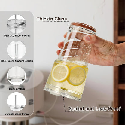 Clear Iced Coffee Cups with Lids - 4 Pack, 20oz Reusable Glass Cups with Lids and Straws, Drinking Tumblers for Cocktail Beer, Juice, Smoothie, Coffee Bar, Housewarming Gifts - Dishwasher Safe