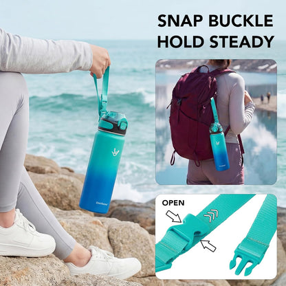 Enerbone 24 oz Insulated Water Bottle, Stainless Steel Bottle with Carrying Strap, Double-Wall Vacuum Insulation Design, Leakproof Sports Bottle with Straw, Keep Drinks Cold or Hot for Hours