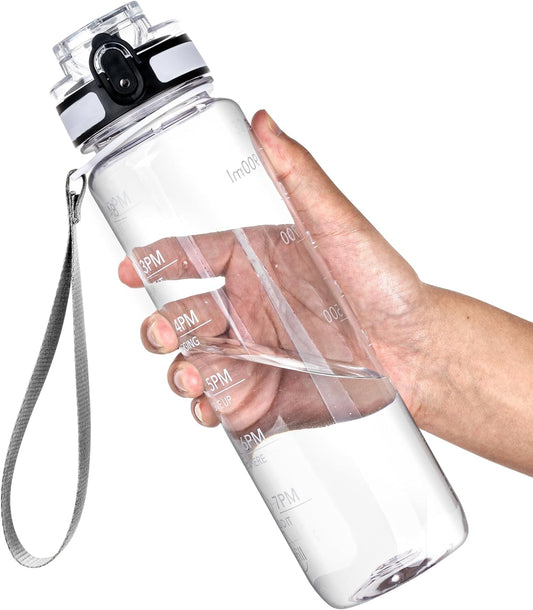 OLDLEY Water Bottle, 32oz Motivational Sports Water Bottle with Time Marker - Times to Drink - Tritan, BPA Free, Wide Mouth Leakproof, Clear (1 Bottle)