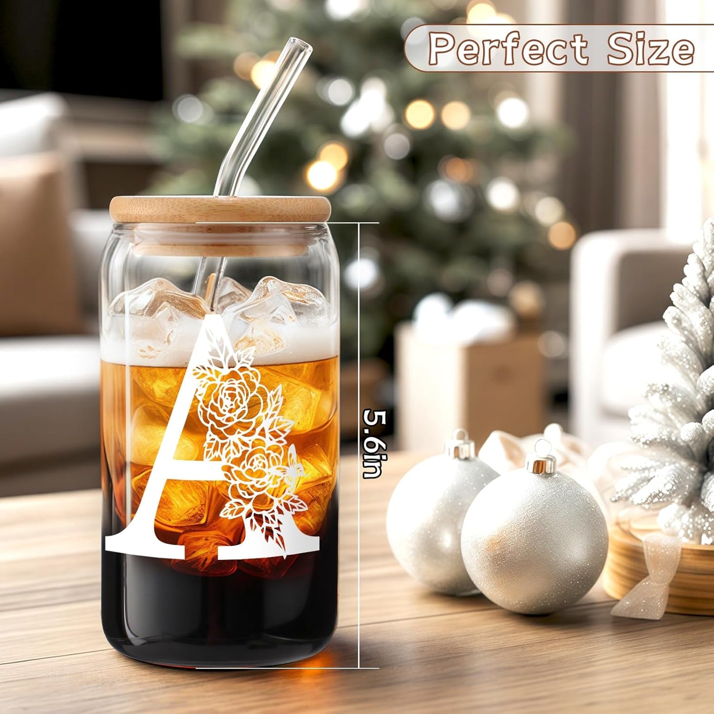 Glass Cups with Lids and Straws: Personalized Initial Glass Cup Be Used As Reusable Iced Coffee Cups with Lids,Cute Matcha Tumbler - The Christmas/Birthday Gifts for Women - M Smoothie Cup
