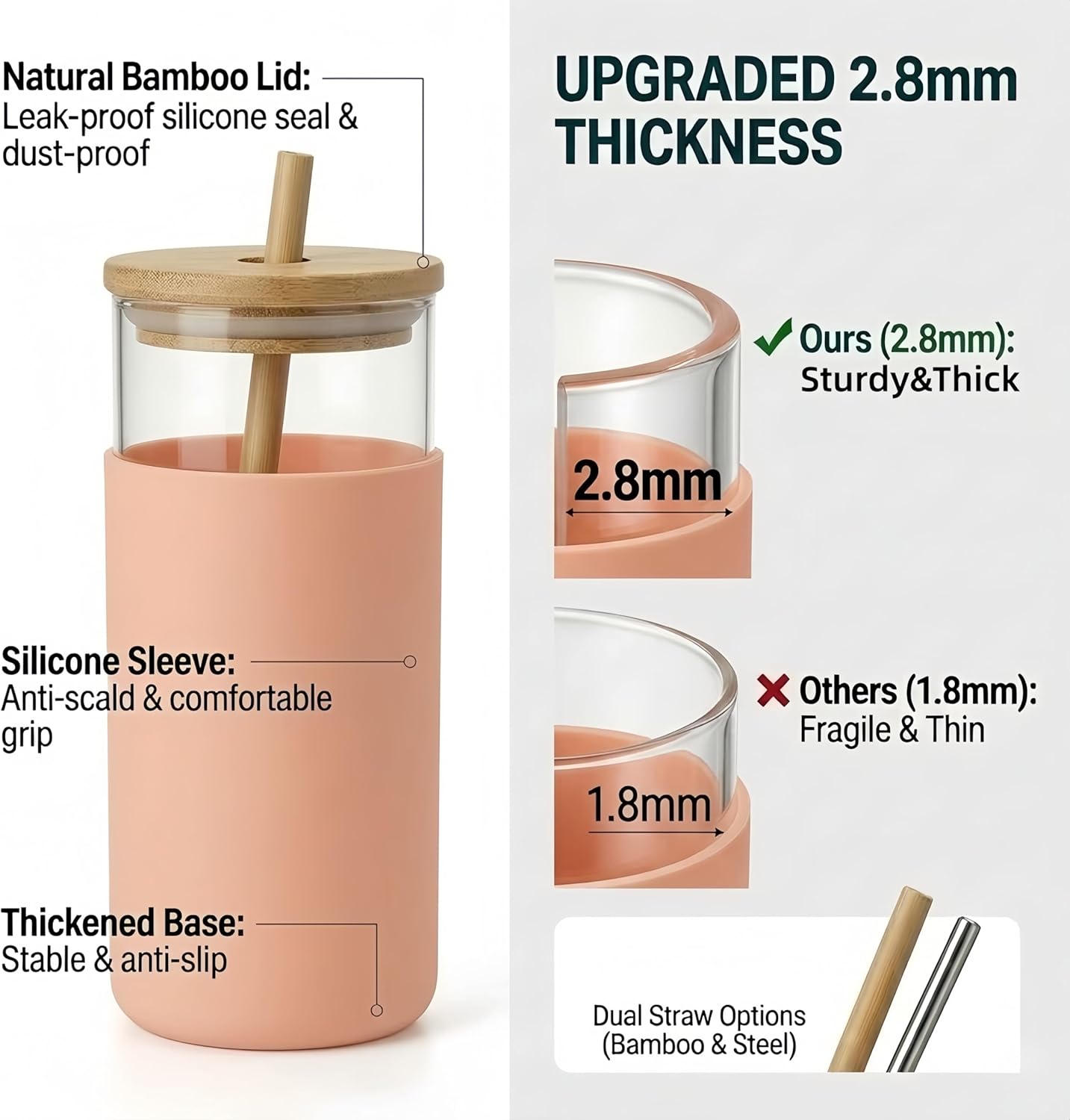 16oz Glass Tumbler with Lid and Straw, Thick Borosilicate Glass Iced Coffee Cup with Protective Silicone Sleeve, Car Cup Holder Friendly Reusable Smoothie Cup for Matcha Tea and Boba, Gift Box Ready