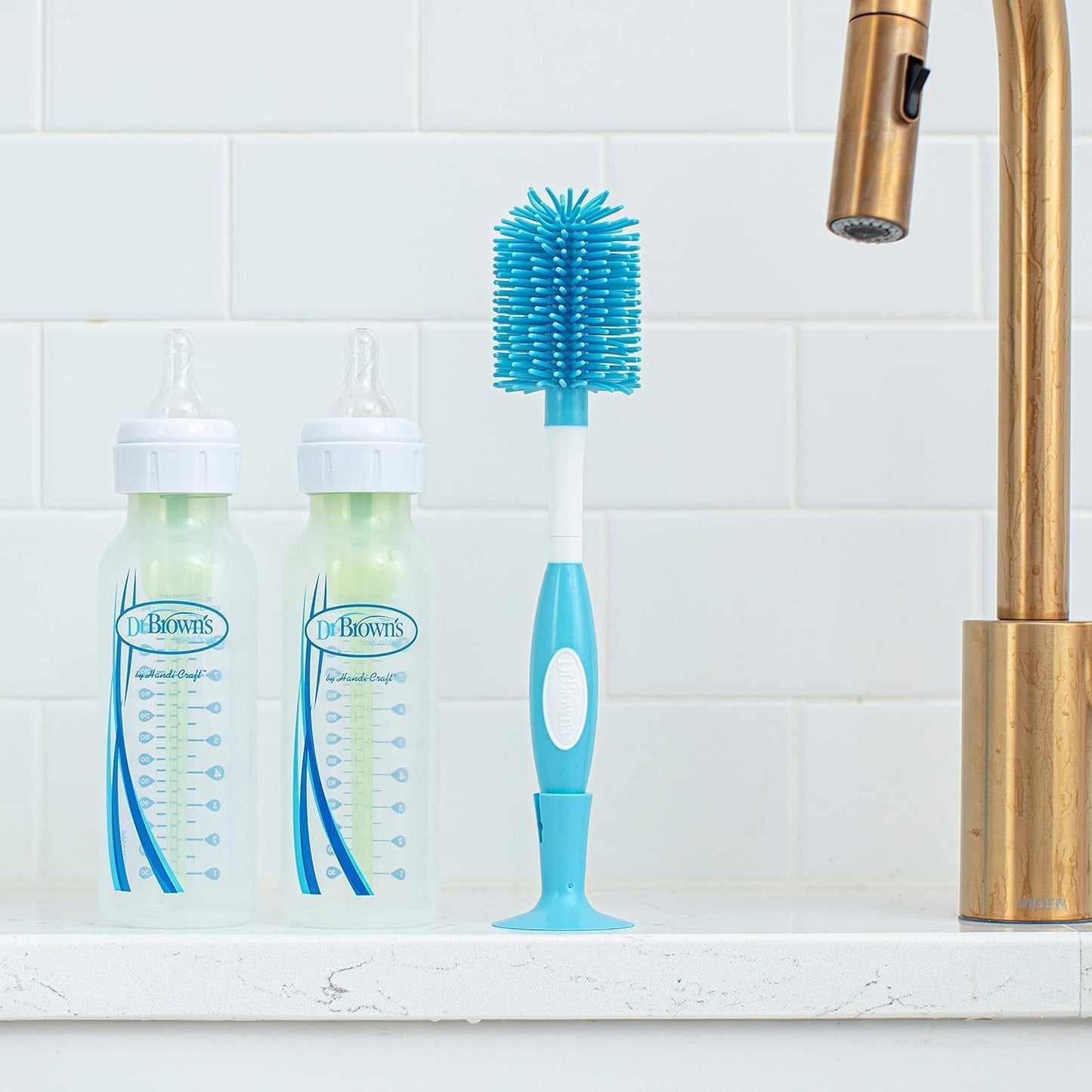 Dr. Brown's Soft Touch No Scratch Baby Bottle Cleaning Brush Nipple Cleaner with Stand and Storage Clip, BPA Free, Blue 1-Pack