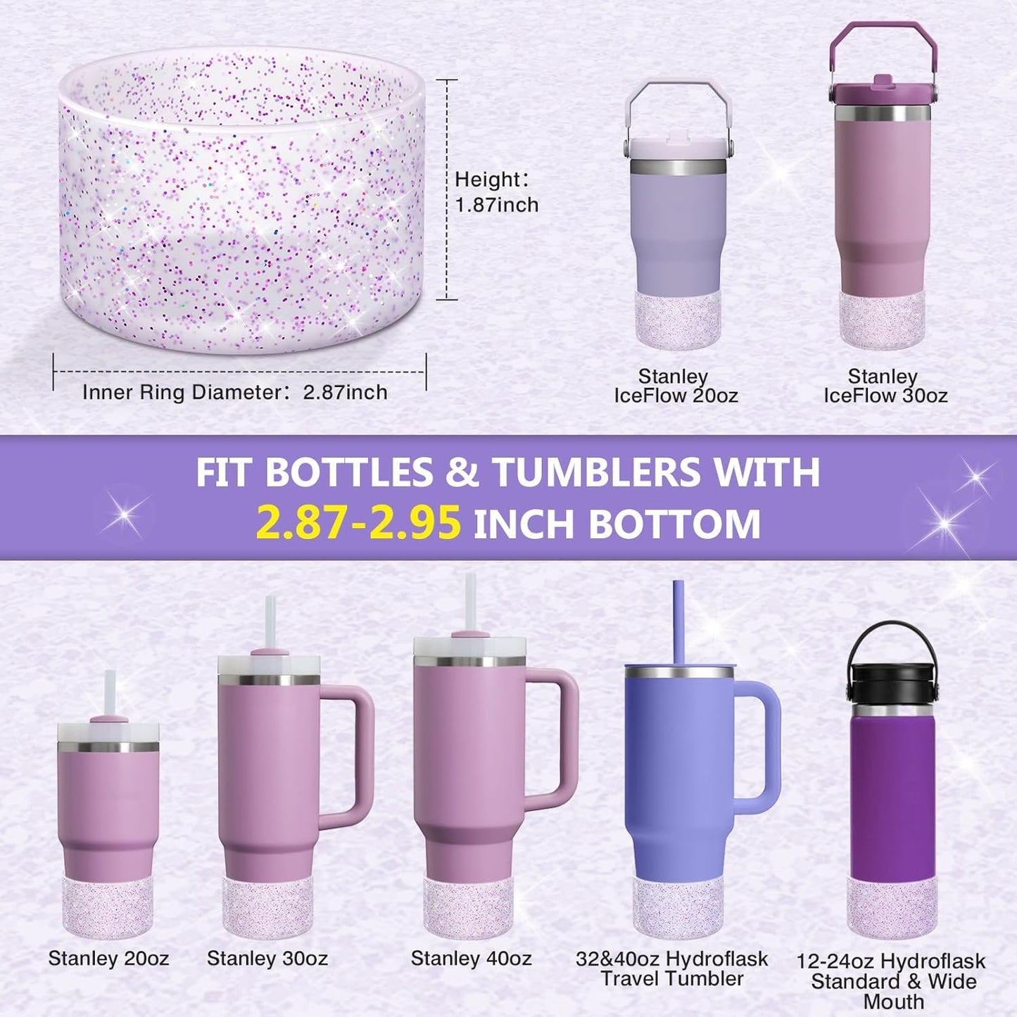 WUQID Protective Bling Silicone Boot Sleeve, Compatible with Stanley Tumbler 20-40oz & Hydro Flask Bottle 12oz-24oz, Glitter Reduces Dents Sleeve Cover for More Bottles/Tumblers Bottom of 2.83-2.95in