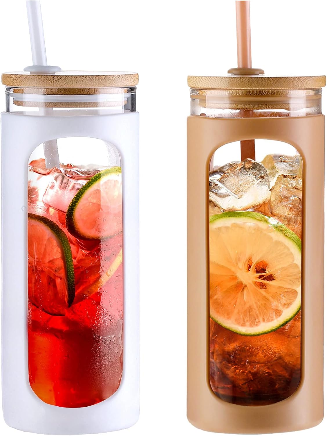 Kodrine 20oz Glass Water Tumbler with Straw and Lid, Bamboo Lids Water Bottle, Iced Coffee Cup Reusable, Wide Mouth Smoothie Cups with Protective Silicone Sleeve BPA FREE-Black - Colors A