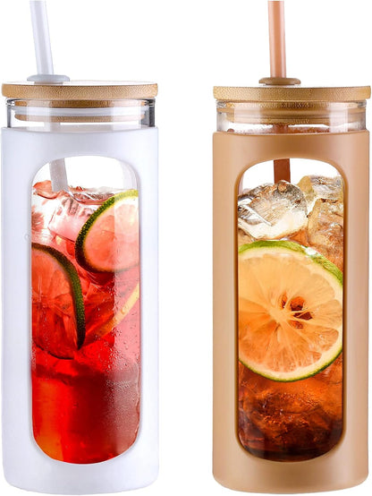Kodrine 20oz Glass Water Tumbler with Straw and Lid, Bamboo Lids Water Bottle, Iced Coffee Cup Reusable, Wide Mouth Smoothie Cups with Protective Silicone Sleeve BPA FREE-Black - Colors A