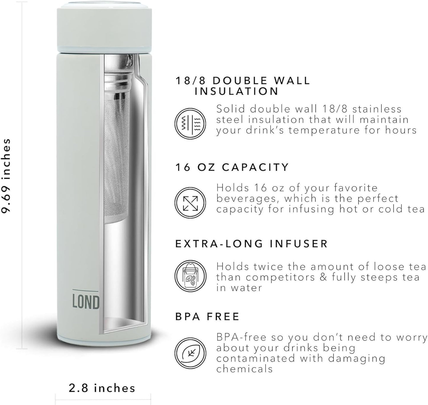 The London Sip Multi-Purpose Travel Mug and Tumbler Fruit Infused Flask Hot and Cold Double Wall Stainless Steel Thermos with Extra-Long Infuser, Purple
