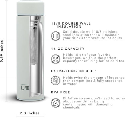 The London Sip Multi-Purpose Travel Mug and Tumbler Fruit Infused Flask Hot and Cold Double Wall Stainless Steel Thermos with Extra-Long Infuser, Purple